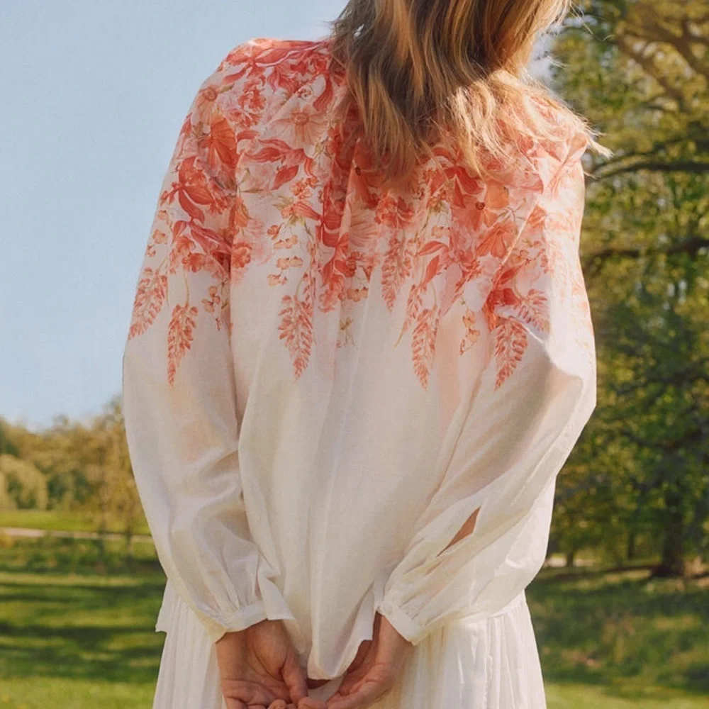 H&M Tie-detail Blouse in a white/coral floral pattern size medium